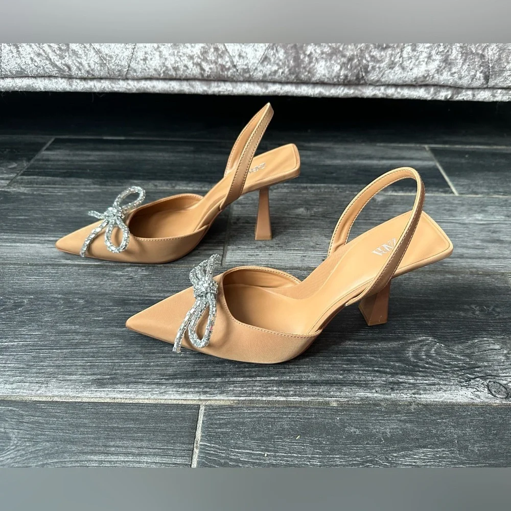 NWOT Zara Bow Slingback Neutral Heels Size 40 - Picture 8 of 15